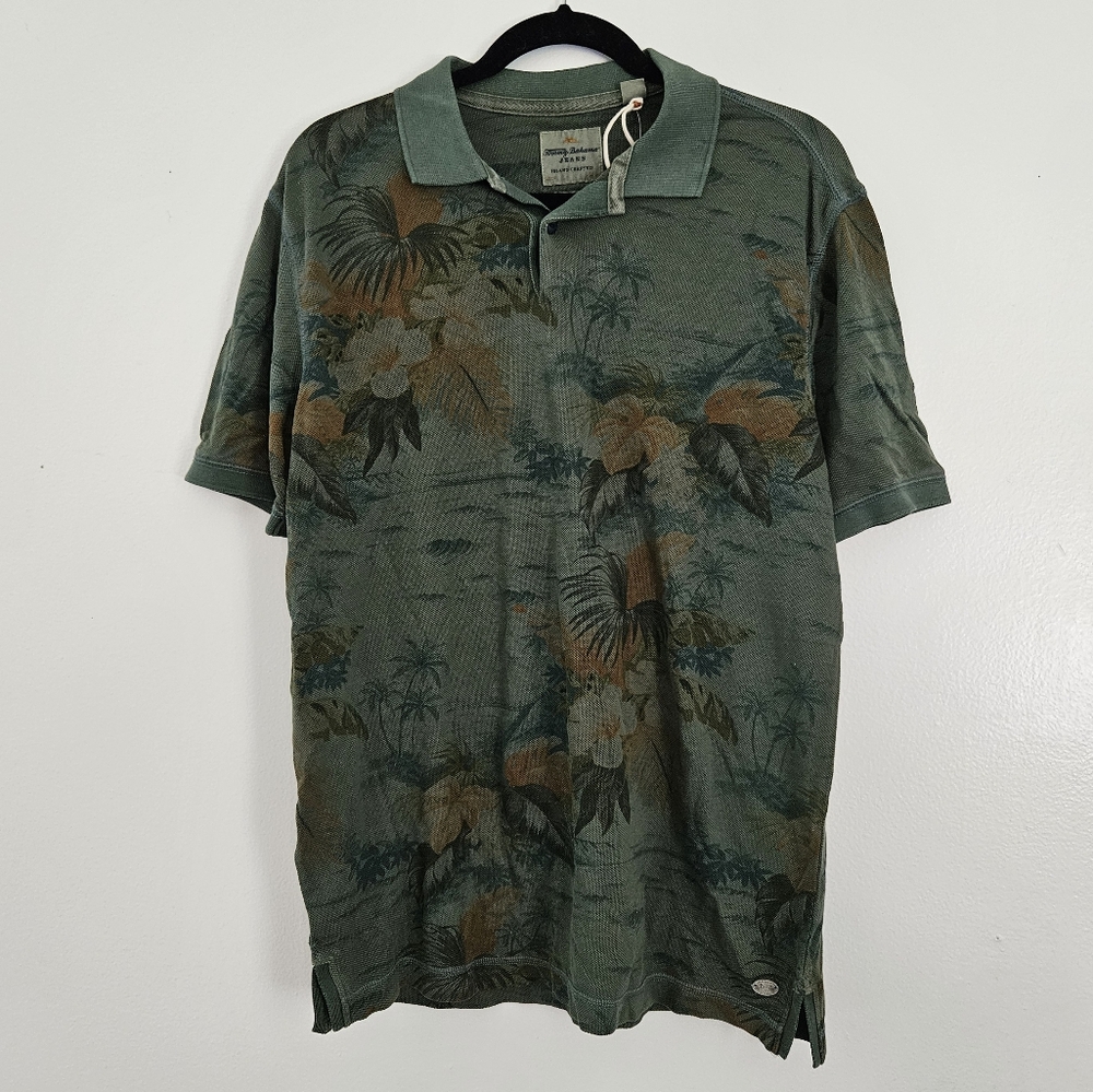 TOMMY BAHAMA Pique Rico Polo Shirt Green Tropical Floral Print - Size Medium NWT
